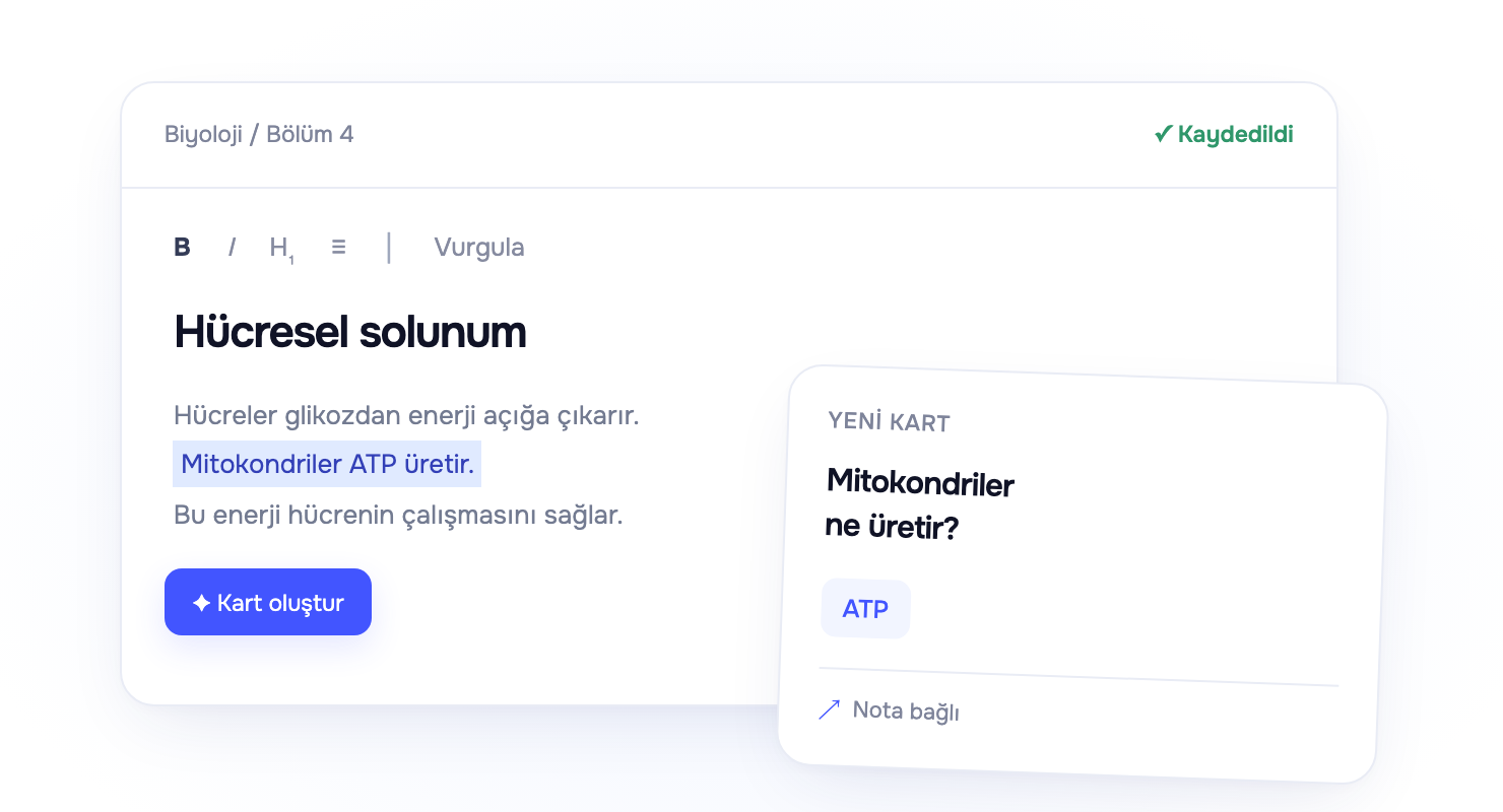Bir cümlesi vurgulanmış biyoloji notu ve bu nota bağlı yeni bir çalışma kartı