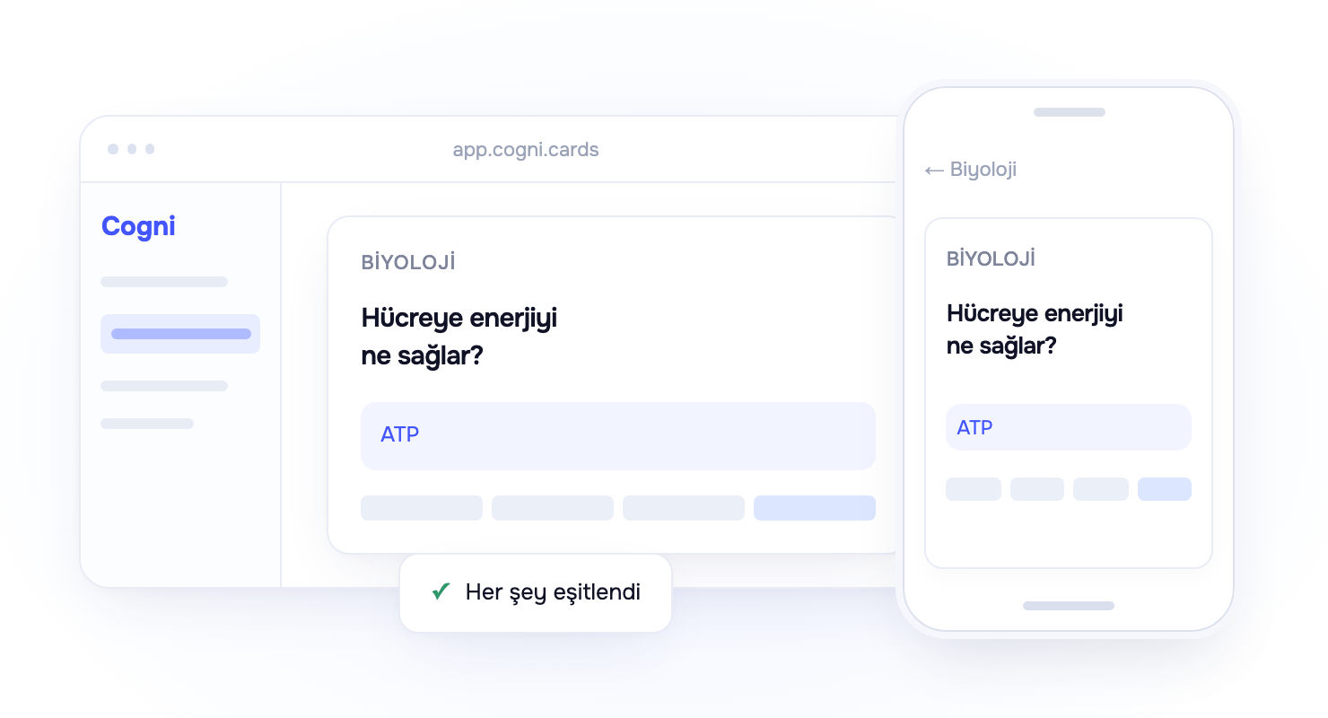 Web uygulamasında ve telefonda aynı çalışma kartı, tüm içerik eşitlenmiş